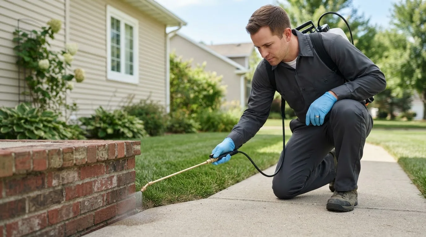 Pest control technician treating a home near Rogers, KY